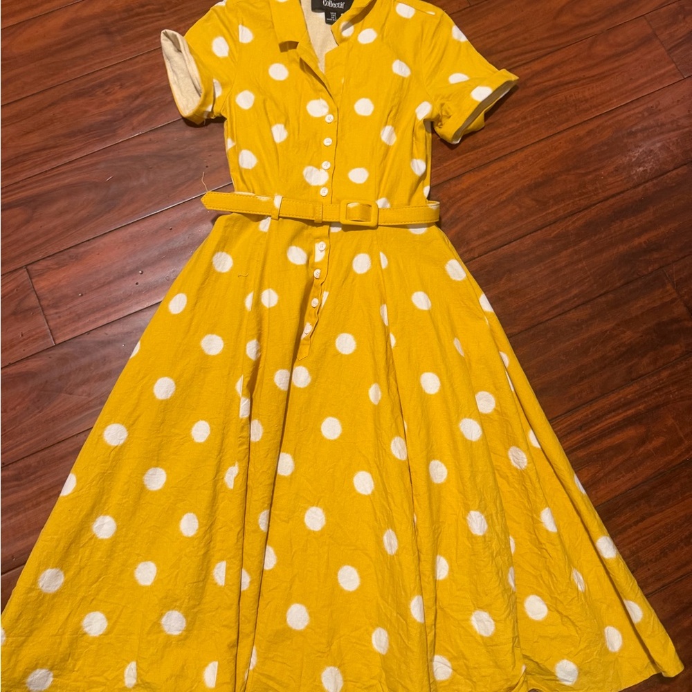 Modcloth Yellow Polka Dot Belted Midi Dress with White Spots - Picture 3 of 10